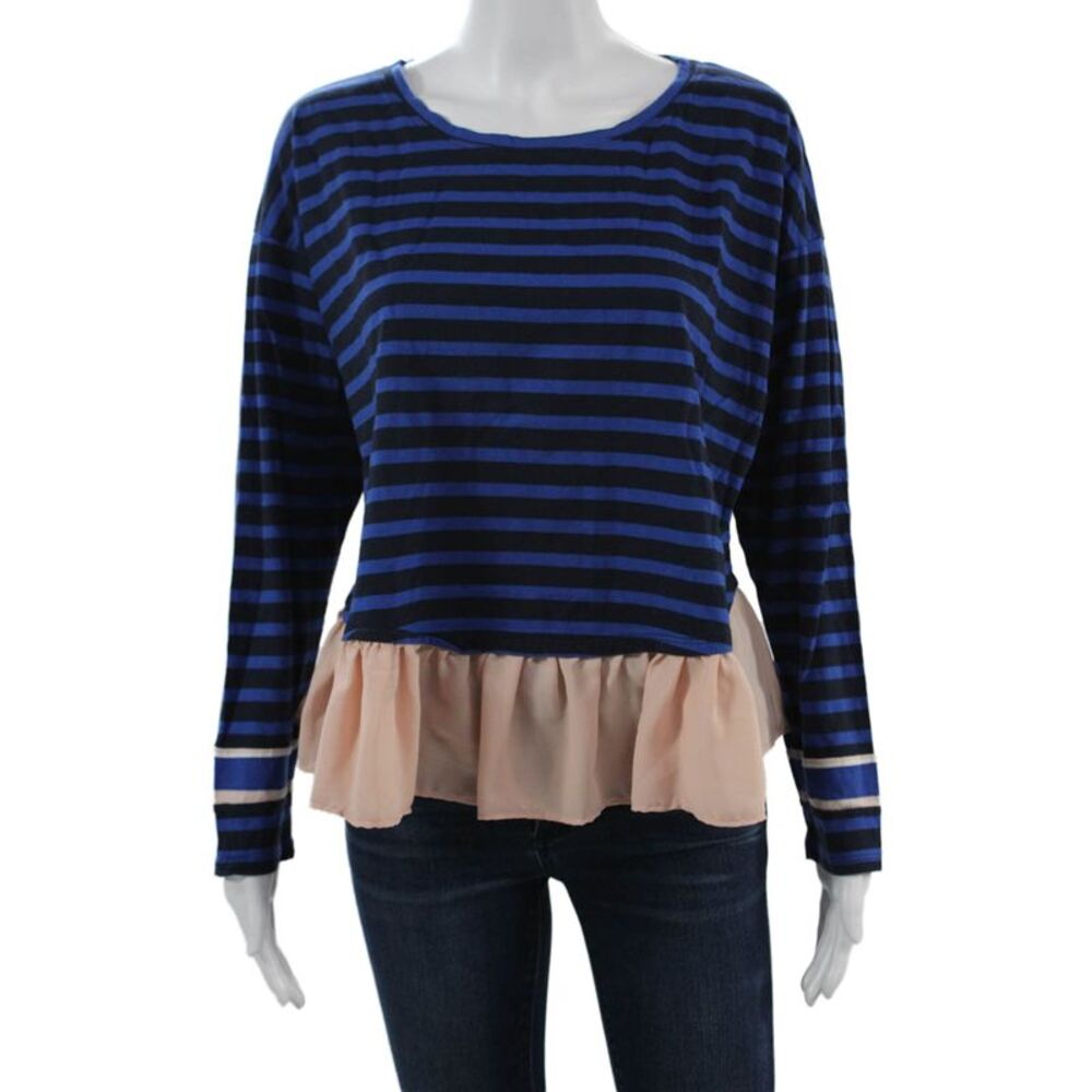 Deletta Anthropologie Womens Cropped Striped Cotton Blouse Black Size L